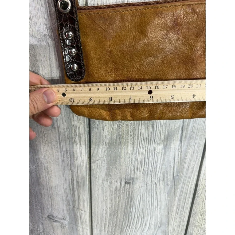 Lavorazione Artigianale Italy Tan Leather Foldover Crossbody Bag Croc Trim PAM